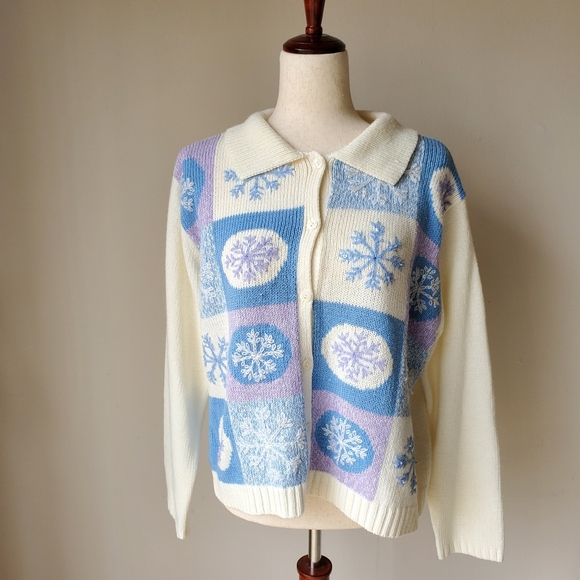 Vintage Snowflake Winter Cardigan Sweater Size Large - Picture 2 of 12